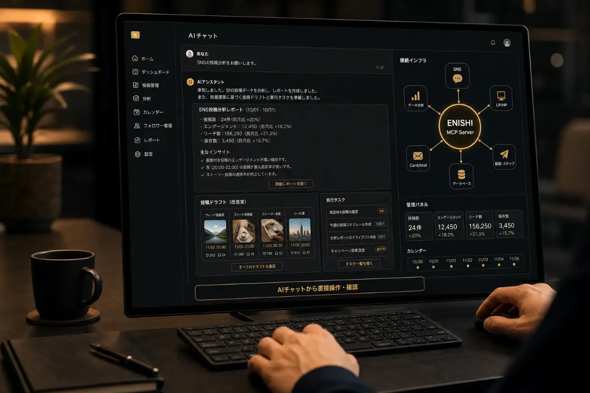 MCP接続インフラ &mdash; AIチャットからSNS・LP・LINE・名刺・分析を直接操作